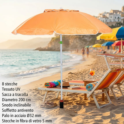 Kit Ombrellone Anti-UV Unicolor 200 cm + Picchetto e Gancio (Set Completo 3-in-1) Salmar