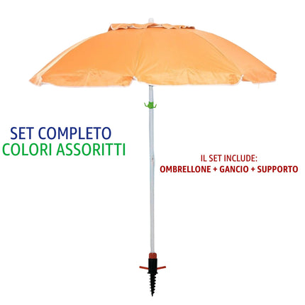 Kit Ombrellone Anti-UV Unicolor 200 cm + Picchetto e Gancio (Set Completo 3-in-1) Salmar