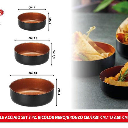 Ciotole Acciaio Set 3 Pz. Bicolor Nero/Bronzo
