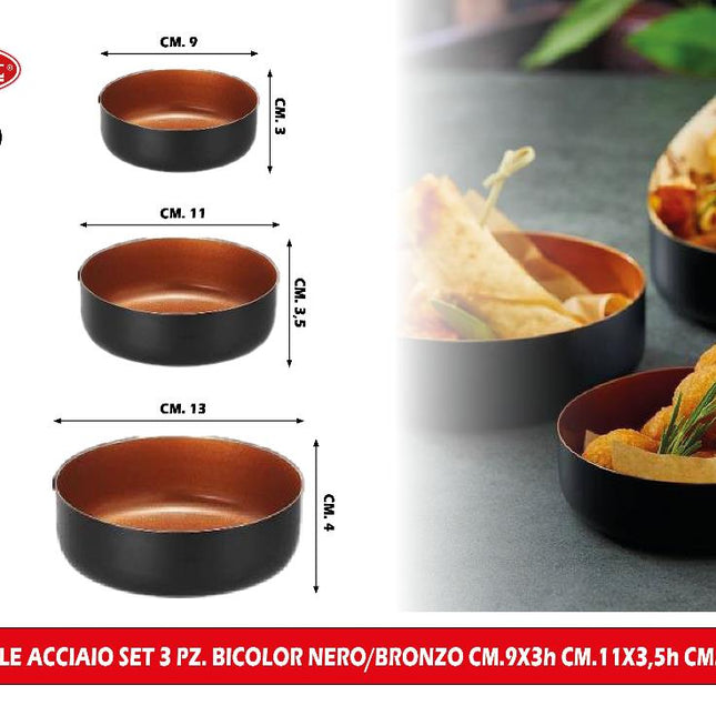 Ciotole Acciaio Set 3 Pz. Bicolor Nero/Bronzo