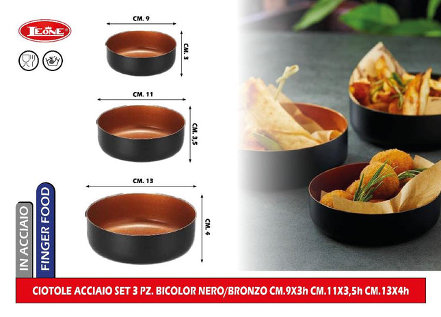 Ciotole Acciaio Set 3 Pz. Bicolor Nero/Bronzo Leone