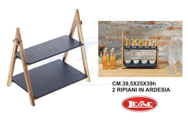 Stand In Acacia Con 2 Ripiani Ardesia Cm.39,5X25X39H Espositore Vetrinetta Leone