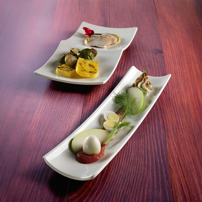 Piatto In Melamina Bianco Rettangolare A 2 Scomparti 29X14.5X3H Cm, Resistente E Leggero, Ideale Per Buffet, Catering E Cene