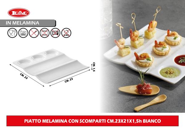 Piatto Melamina Con Scomparti Cm.23X21X1,5H Bianco