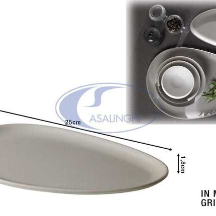 Piatto Ovale in Melamina Grigio per Antipasto e Stuzzichini, Design Elegante 25x15x1,8 cm Leone