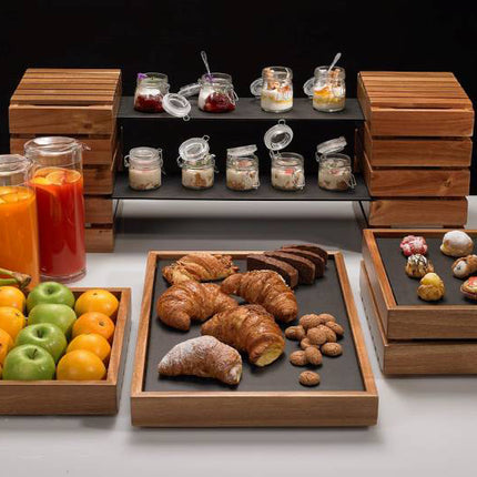 Set Buffet Colazione Professionale Leone 18 Pz: Acacia & Melamina Nera per Horeca | Eleganza & Durata Garantite Leone