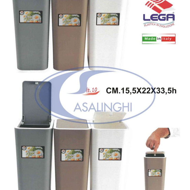 LE.GA Pattumiera C/Pulsante Lt.10 Cm.15,5X22X33,5H Umido Secco LE.GA