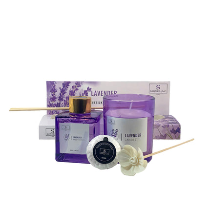 Suprema Set Diffusore Ambienti Bastoncini + Aromaterapia Idea Regalo + Home Decor Box + 100ml Olio & Candela Lavender D&D Casalinghi