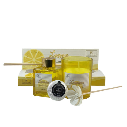 Suprema Set Diffusore Ambienti Bastoncini + Aromaterapia Idea Regalo + Home Decor Box + 100ml Olio & Candela Lemon D&D Casalinghi