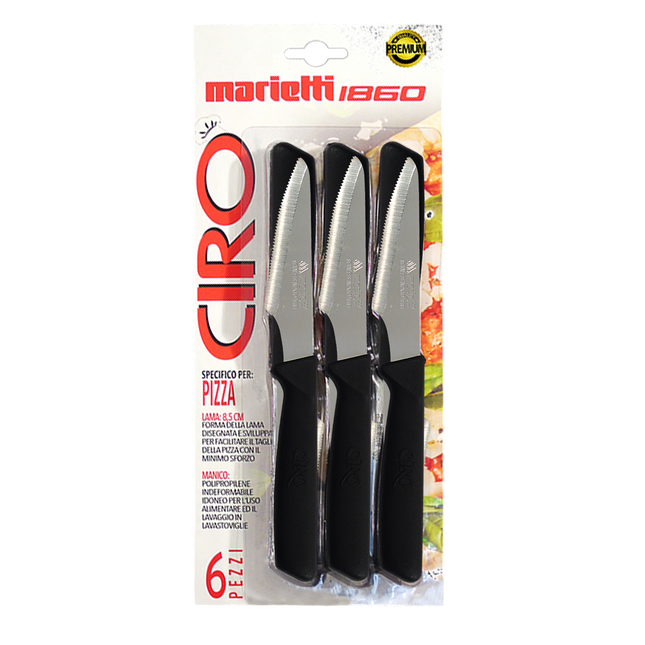 Set 6 Coltelli Pizza Professionali Art.122 Lama Dentata Inox Manico Nero Ergonomico