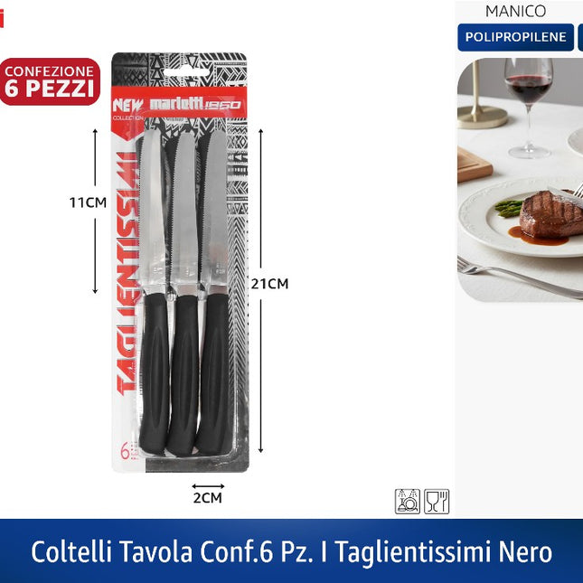 Coltelli Tavola Conf.6 Pz. I Taglientissimi Nero Marietti
