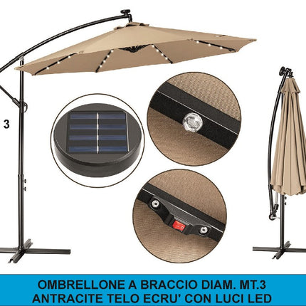 Ombrellone a Braccio con Luci LED – Diam. 3m, Design Elegante e Atmosfera Magica! Ecrù D&D Casalinghi