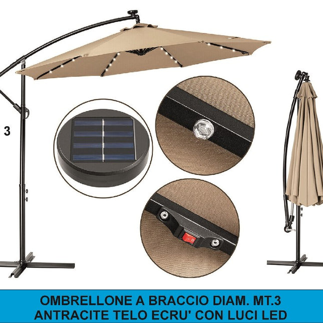 Ombrellone a Braccio con Luci LED – Diam. 3m, Design Elegante e Atmosfera Magica! Ecrù D&D Casalinghi