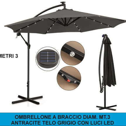 Ombrellone a Braccio con Luci LED – Diam. 3m, Design Elegante e Atmosfera Magica! Grigio D&D Casalinghi