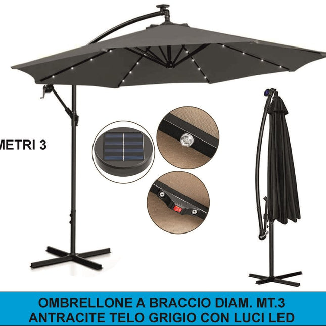 Ombrellone a Braccio con Luci LED – Diam. 3m, Design Elegante e Atmosfera Magica! Grigio D&D Casalinghi