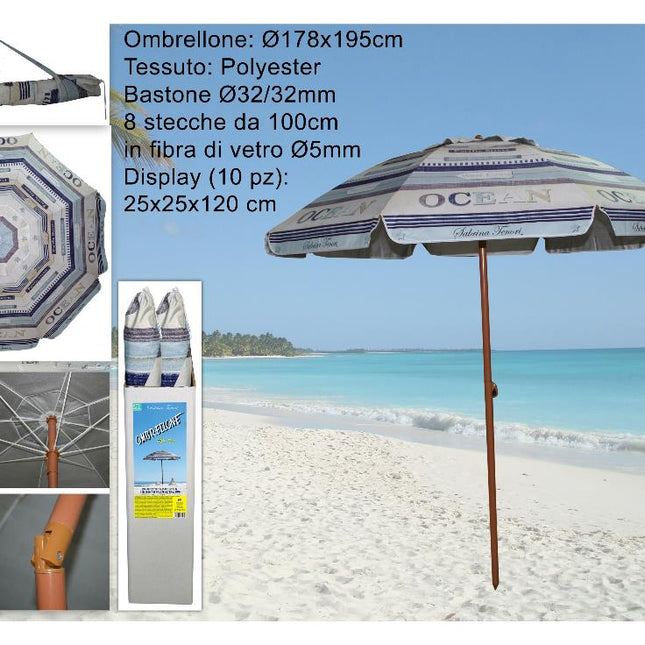 Due Esse Ombrellone Mare Ocean 200Cm Con Palo Ø32Mm E Stecche Fibra Vetro - Colori Assortiti