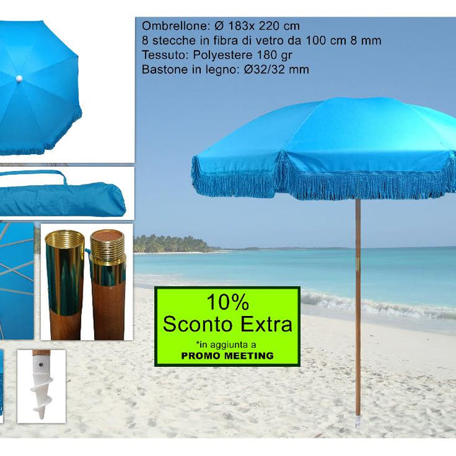 Due Esse Ombrellone Mare Azzurro 200Cm, Palo Legno Ø32Mm, Stecche Fibra Vetro