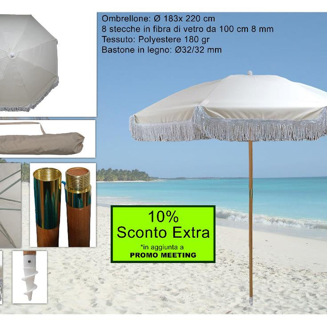 Due Esse Ombrellone Mare Beige 200Cm, Palo Legno Ø32Mm, Stecche Fibra Vetro
