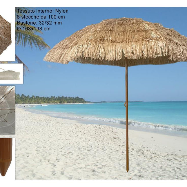 Due Esse Ombrellone Mare 200Cm Effetto Paglia, Palo Legno Ø32Mm, Stecche Fibra Vetro