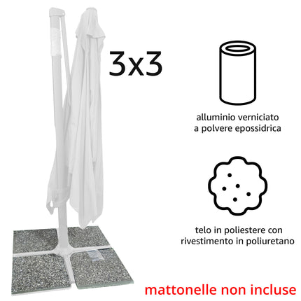 Ombrellone a Braccio Laterale Sicignano | Copertura Outdoor Salvaspazio senza Palo Centrale | Telaio Alluminio Antiruggine e Telo Anti-UV 250g | Varianti Step 3x3m / Next 3x4m 3x3 Bianco Salmar