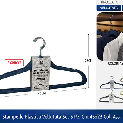 Stampelle Plastica Vellutata Set 5 Pz. Cm.45X23 Col. Ass. Mercury srl