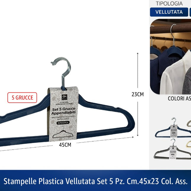 Stampelle Plastica Vellutata Set 5 Pz. Cm.45X23 Col. Ass. Mercury srl