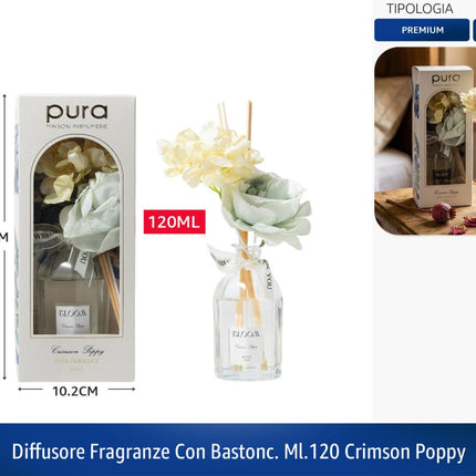 PURA Maison Parfumerie Diffusore Fragranze con Bastoncini Crimson Poppy 120 ml | Profumatore Ambiente Premium in Vetro con Fiori Decorativi | Dimensioni Confezione 10,2x24,5 cm