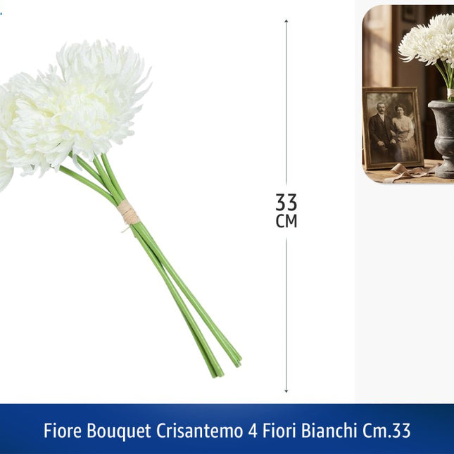 Fiore Bouquet Crisantemo 4 Fiori Cm.33 Bianco / Pesca / Giallo / Arancione / Rosso Bianco Mercury srl