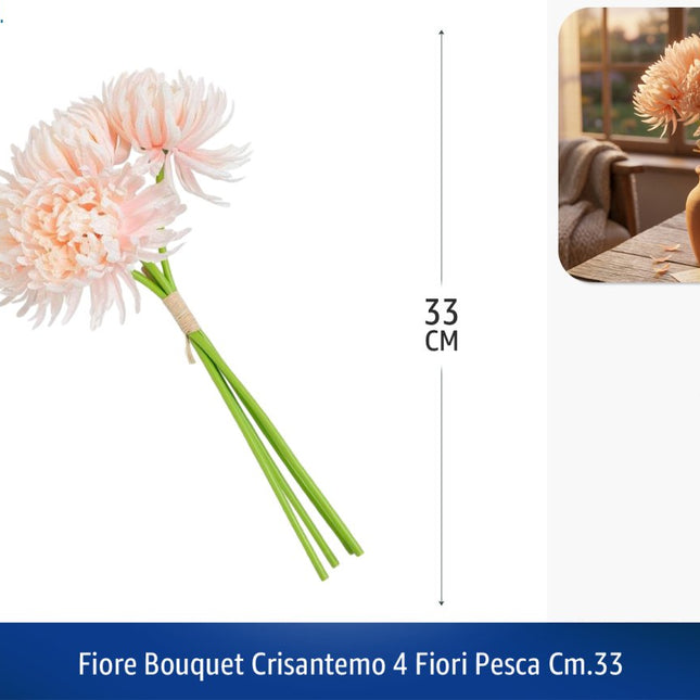 Fiore Bouquet Crisantemo Artificiale 33 cm con 4 Fiori Color Pesca | Mazzo Decorativo Finto per Vaso e Arredo Casa Mercury srl