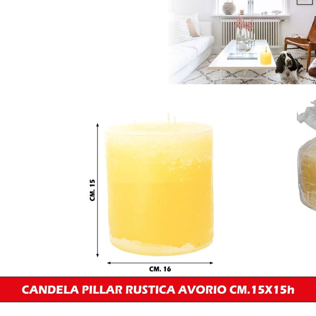 Candela Pillar Rustica a 3 Stoppini Ø 15 cm – Disponibile in Bianco e Avorio AVORIO - Ø 15 x 15h cm Mercury srl