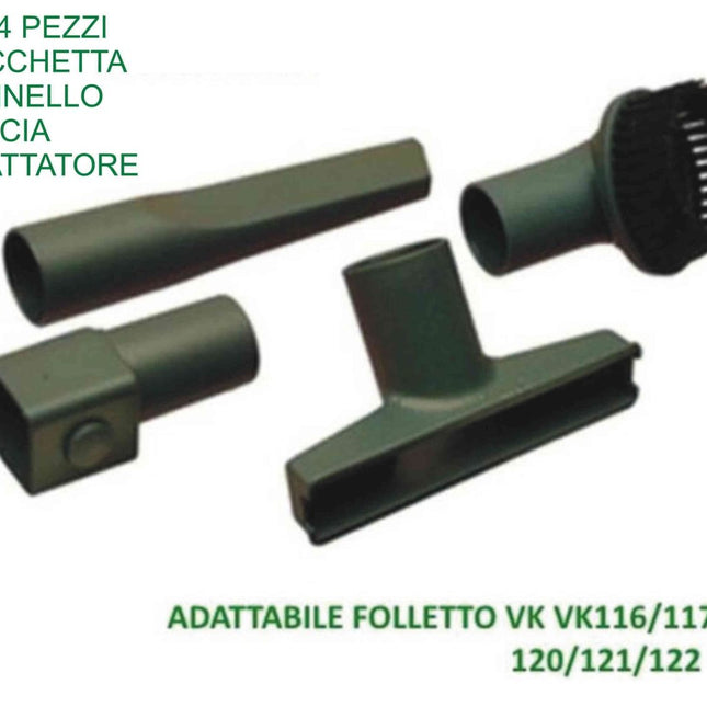 Kit 4 Pezzi Adattabile Folletto VK116/117/120/121/122, Set Bocchetta - Pennello - Lancia - Adattatore, Ricambio non Originale Domestik Line Service