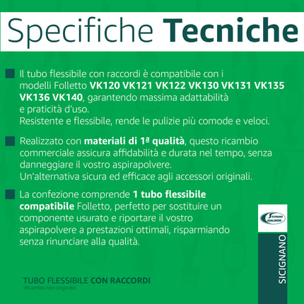 Tubo Flessibile di Ricambio Compatibile con Folletto VK120, VK121, VK122, VK130, VK131, VK135, VK136, VK140 | Accessorio Aspirapolvere Domestik Line Service