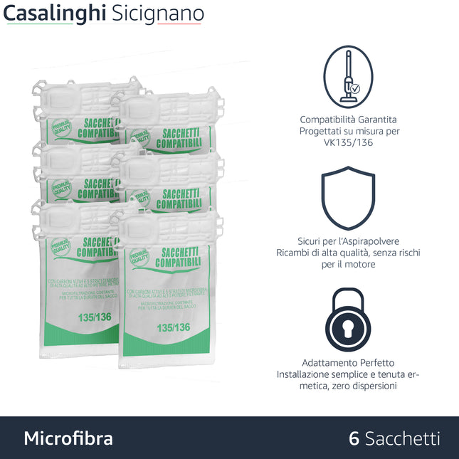 6 Sacchetti Compatibili per Aspirapolvere Folletto VK135 VK136 I Sacchetti in Microfibra a 5 Strati con Carboni Attivi I Ricambio Alternativo Non Originale Domestik Line Service