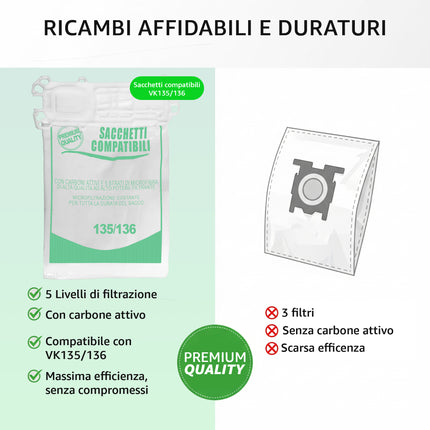 6 Sacchetti Compatibili per Aspirapolvere Folletto VK135 VK136 I Sacchetti in Microfibra a 5 Strati con Carboni Attivi I Ricambio Alternativo Non Originale Domestik Line Service