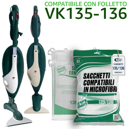 6 Sacchetti Compatibili per Aspirapolvere Folletto VK135 VK136 I Sacchetti in Microfibra a 5 Strati con Carboni Attivi I Ricambio Alternativo Non Originale Domestik Line Service