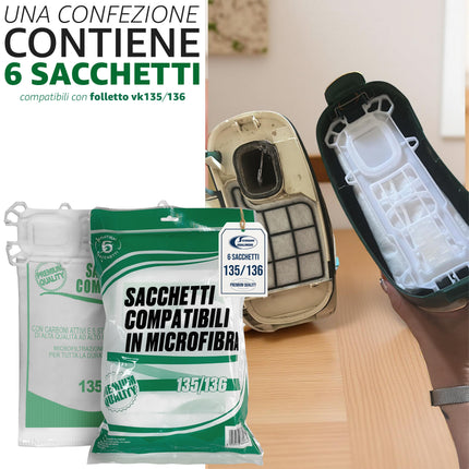 6 Sacchetti Compatibili per Aspirapolvere Folletto VK135 VK136 I Sacchetti in Microfibra a 5 Strati con Carboni Attivi I Ricambio Alternativo Non Originale Domestik Line Service