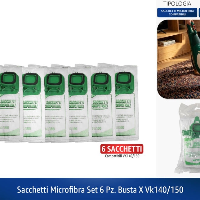 Set 6 Sacchetti in Microfibra Compatibili VK140/150 in Busta, Ricambio non Originale Domestik Line Service