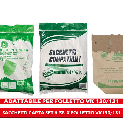 Set 6 Sacchetti Carta Ricambio non Originale Compatibile Folletto VK130/131 Domestik Line Service