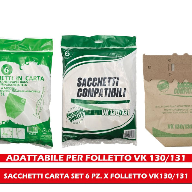 Set 6 Sacchetti Carta Ricambio non Originale Compatibile Folletto VK130/131 Domestik Line Service