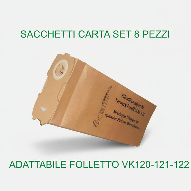 Set 8 Sacchetti Carta Adattabili Folletto VK120/121/122 Ricambio non Originale Compatibile Domestik Line Service