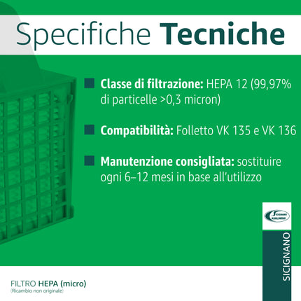 Filtro HEPA Micro Compatibile con Folletto VK 135 e VK 136 Accessorio di Ricambio per Aspirapolvere, Massima Filtrazione e Aria più Pulita in Casa Domestik Line Service