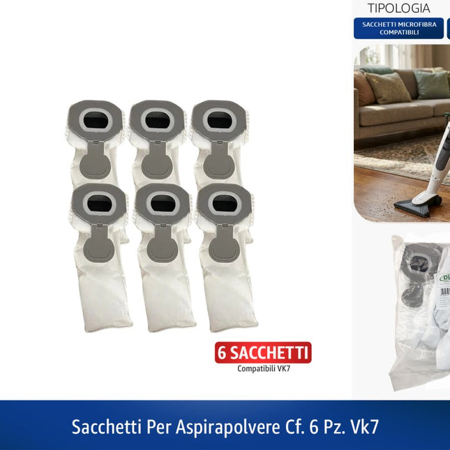 6 Sacchetti per Aspirapolvere Compatibili VK7 in Microfibra, Ricambio non Originale Domestik Line Service