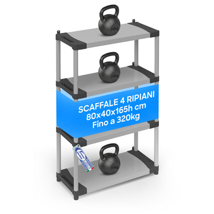 Mongardi Scaffale Modulare in Resina Alta Portata 80kg per Ripiano, Dimensioni 80x40 cm, Uso Interno ed Esterno, Garage, Cantina, Lavanderia (3 o 4 Ripiani) Mongardi