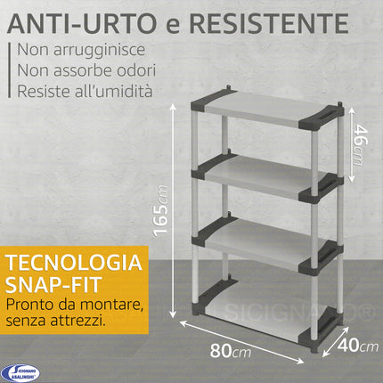 Mongardi Scaffale Modulare in Resina Alta Portata 80kg per Ripiano, Dimensioni 80x40 cm, Uso Interno ed Esterno, Garage, Cantina, Lavanderia (3 o 4 Ripiani) 80 x 40 x 165h cm - 4 ripiani Mongardi