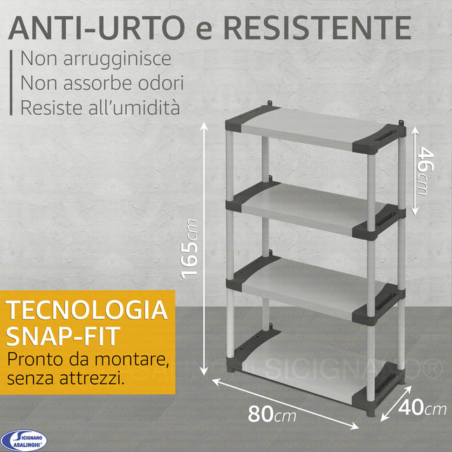 Mongardi Scaffale Modulare in Resina Alta Portata 80kg per Ripiano, Dimensioni 80x40 cm, Uso Interno ed Esterno, Garage, Cantina, Lavanderia (3 o 4 Ripiani) 80 x 40 x 165h cm - 4 ripiani Mongardi