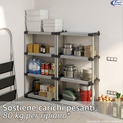 Mongardi Scaffale Modulare in Resina Alta Portata 80kg per Ripiano, Dimensioni 80x40 cm, Uso Interno ed Esterno, Garage, Cantina, Lavanderia (3 o 4 Ripiani) Mongardi