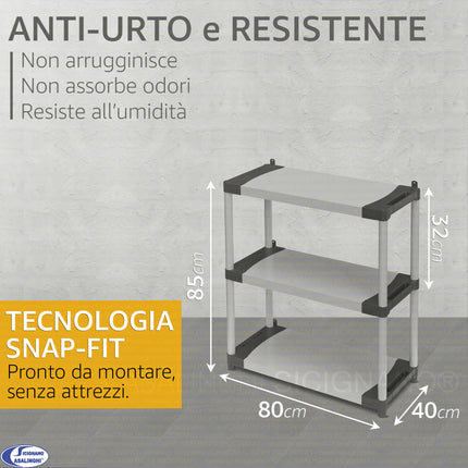 Mongardi Scaffale Modulare in Resina Alta Portata 80kg per Ripiano, Dimensioni 80x40 cm, Uso Interno ed Esterno, Garage, Cantina, Lavanderia (3 o 4 Ripiani) 80 x 40 x 85h cm - 3 ripiani Mongardi