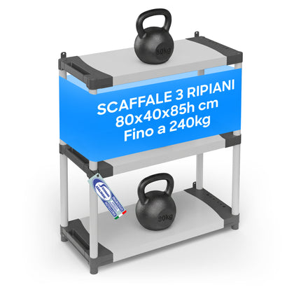 Mongardi Scaffale Modulare in Resina Alta Portata 80kg per Ripiano, Dimensioni 80x40 cm, Uso Interno ed Esterno, Garage, Cantina, Lavanderia (3 o 4 Ripiani) Mongardi