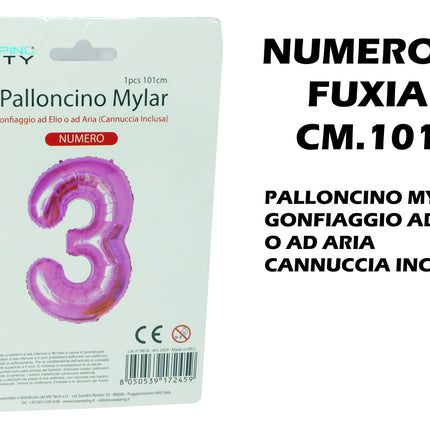 Palloncino Numero Mylar Foil Gigante 101 cm & 41 cm – Decorazione Festa Compleanno e Anniversario – Gonfiaggio Elio o Aria con Cannuccia Inclusa Rosa Maxi (101 cm) 3 MV Tech