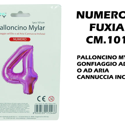 Palloncino Numero Mylar Foil Gigante 101 cm & 41 cm – Decorazione Festa Compleanno e Anniversario – Gonfiaggio Elio o Aria con Cannuccia Inclusa Rosa Maxi (101 cm) 4 MV Tech
